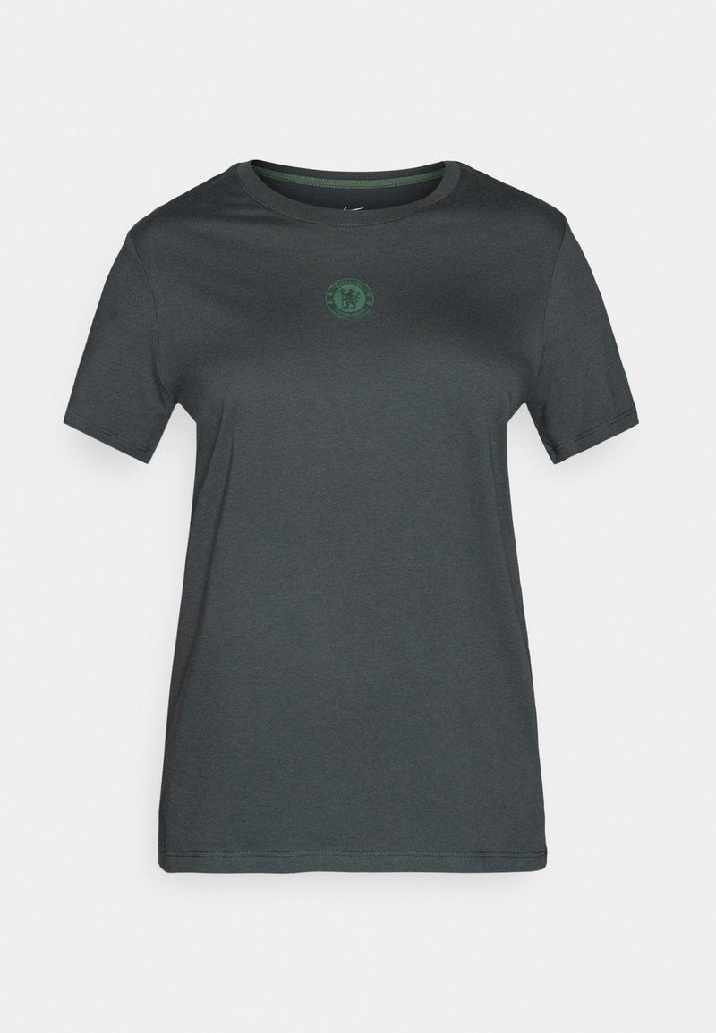 Dunkelgraues, kurzärmeliges T-Shirt aus weichem Stoff, mit einem grünen Logo in der Mitte, Rundhalsausschnitt und geradem Saum.