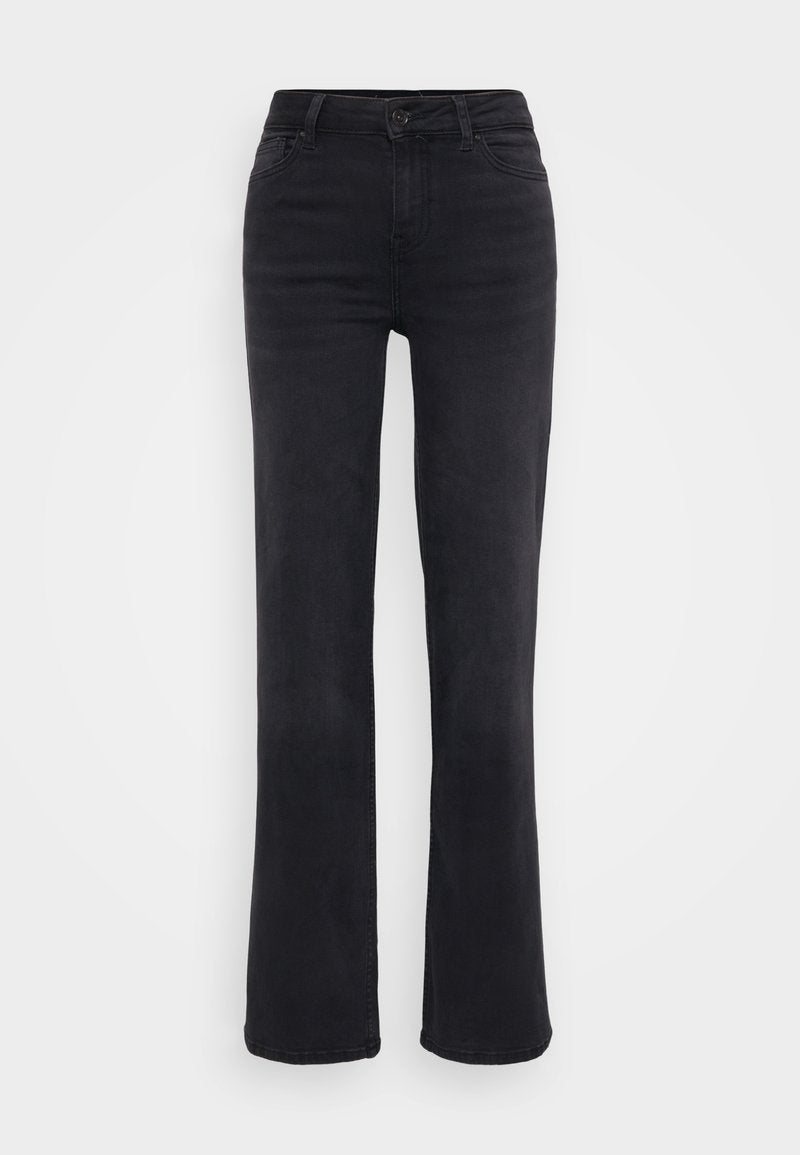 Schwarze Jeans aus Denim mit geradem Schnitt, Frontknopfverschluss, fünf Taschen und subtilen Nähten.