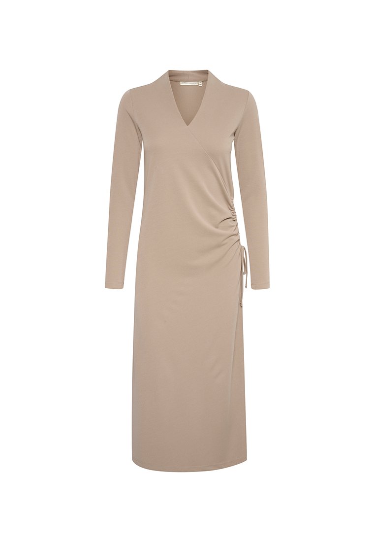 Beige langärmliges Kleid mit Wickeldesign, seitlichen Raffungen und verstellbaren Bändern, aus einem glatten, dehnbaren Material gefertigt.