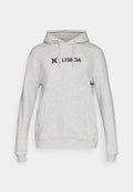 Grau Sweatshirt mit Kapuze, ausgestattet mit einer Fronttasche und schwarzem "LISBOA"-Logo. Der Stoff ist weich mit einer glatten Textur, ideal für legere Kleidung.