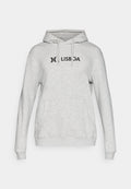Grau Sweatshirt mit Kapuze, ausgestattet mit einer Fronttasche und schwarzem "LISBOA"-Logo. Der Stoff ist weich mit einer glatten Textur, ideal für legere Kleidung.