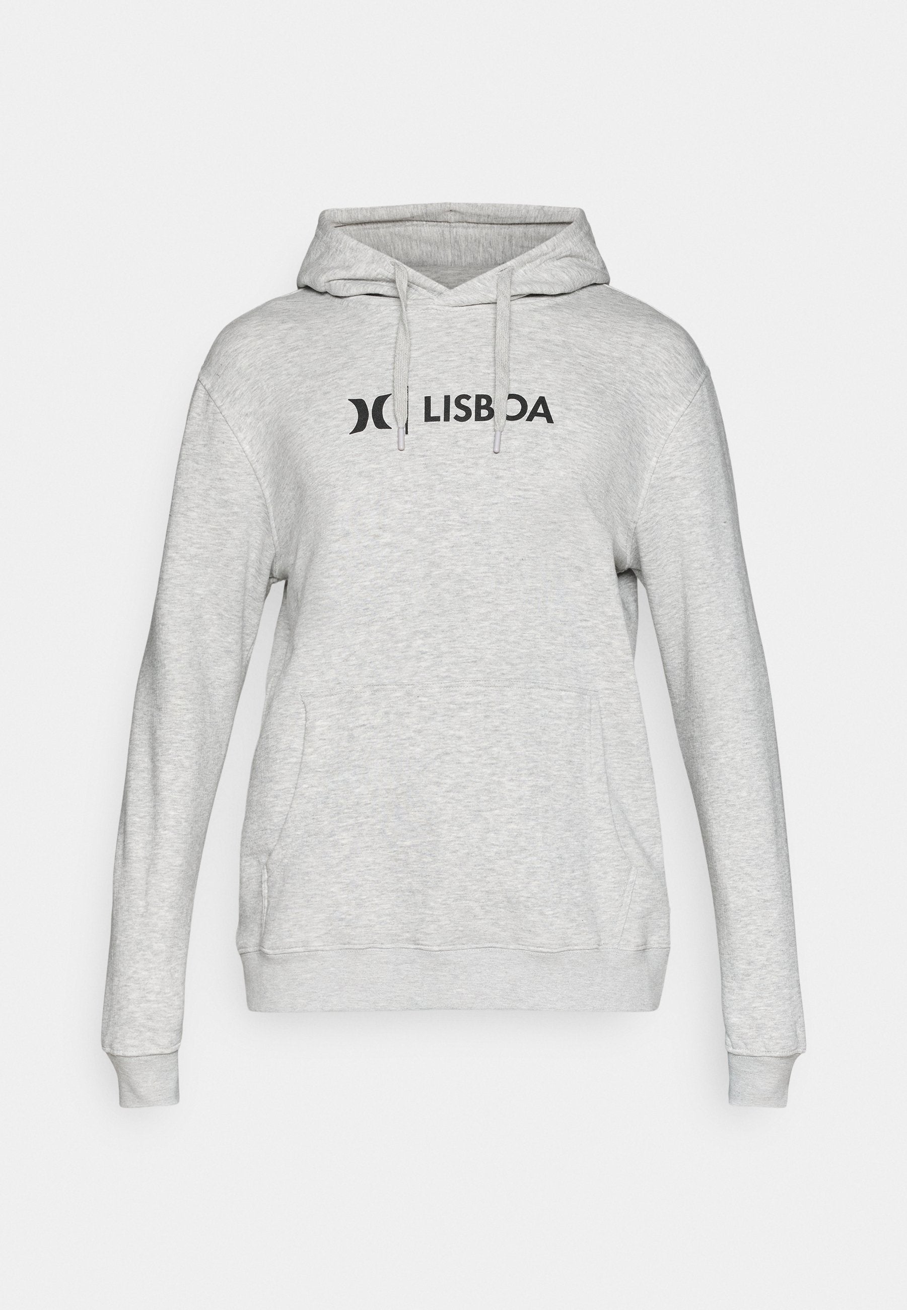 Grau Sweatshirt mit Kapuze, ausgestattet mit einer Fronttasche und schwarzem "LISBOA"-Logo. Der Stoff ist weich mit einer glatten Textur, ideal für legere Kleidung.