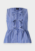 Blau-weiß gestreift, ärmelloses Top mit einer Peplum-Silhouette, Schleifenakzenten und einer Knopfleiste an der Vorderseite.