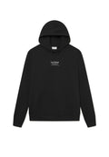 Schwarzer Kapuzenpullover aus weichem Stoff, mit einer Kängurutasche und einem weißen Aufdruck-Logo auf der Brust. Normale Passform mit Kordelzugkapuze.