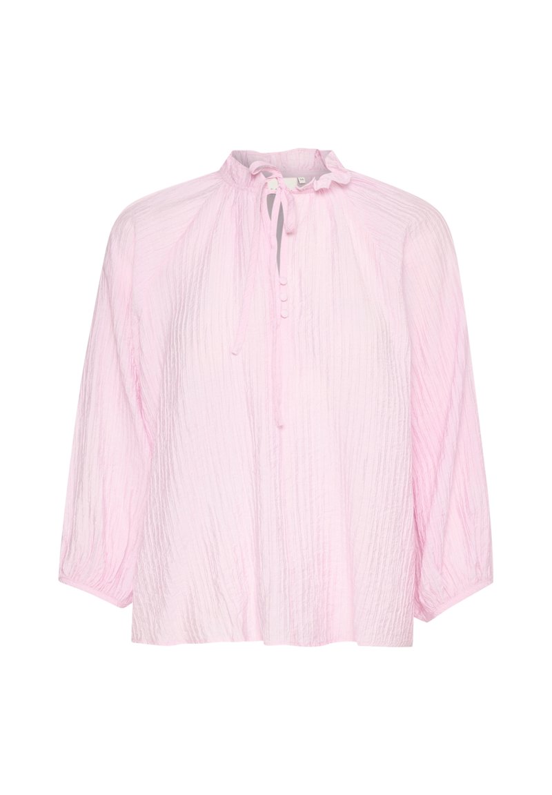 Helle rosa Bluse mit langen Ärmeln aus strukturierter Stoff, runder Ausschnitt, rüschigem Kragen, Bindeschluss und Knopfleiste vorne.