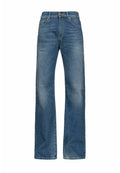 Blaue Jeans aus Denim mit geradem Bein, hoher Taille und klassischem Fünf-Taschen-Stil. Verfügt über eine verblasste Optik und einen Metallknopfverschluss.