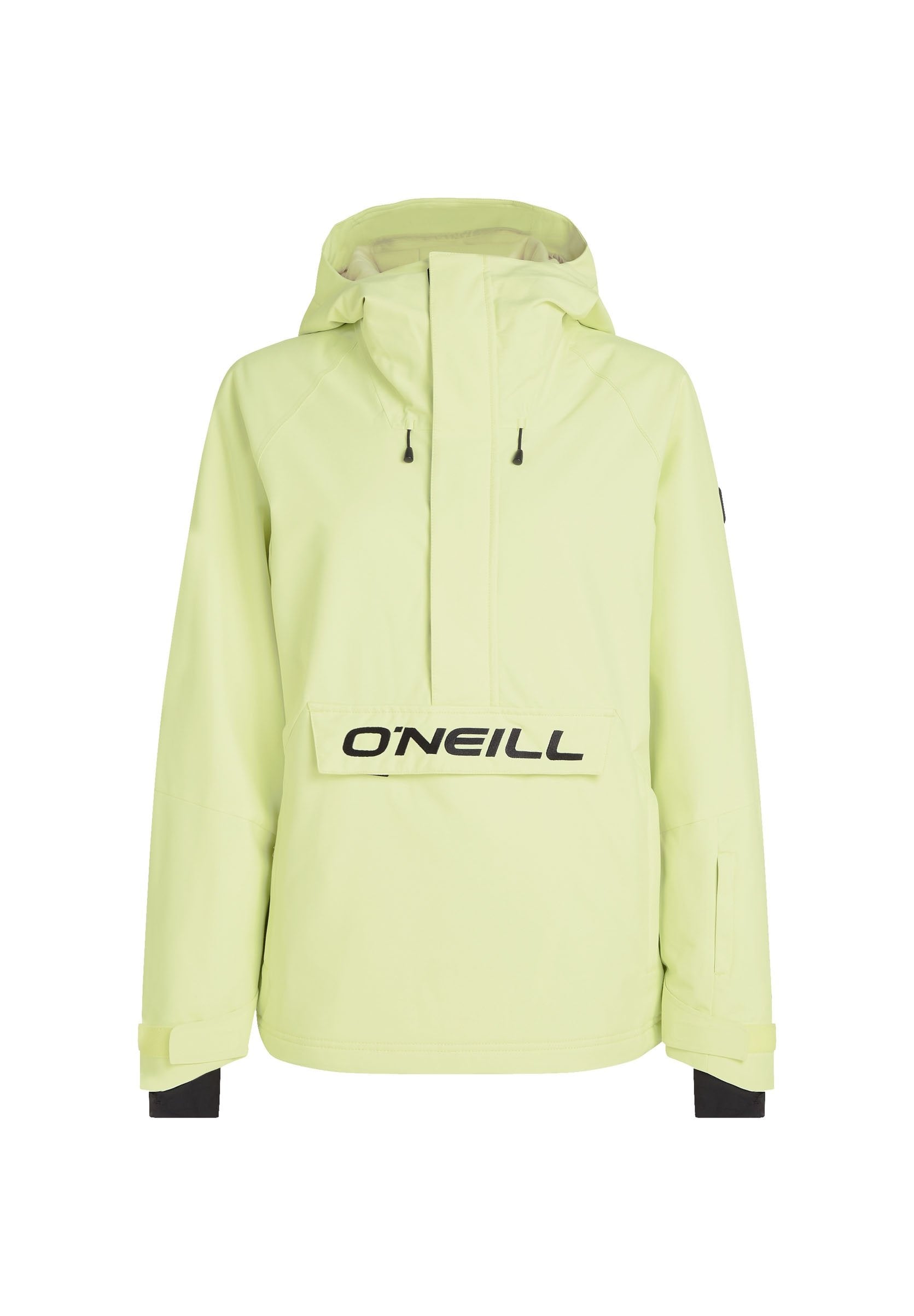 Hellgrüne wasserdichte Jacke mit Kapuze, ausgestattet mit einer Fronttasche und schwarzen Akzenten, einschließlich eines Logos auf der Brust und verstellbaren Ärmelabschlüssen.
