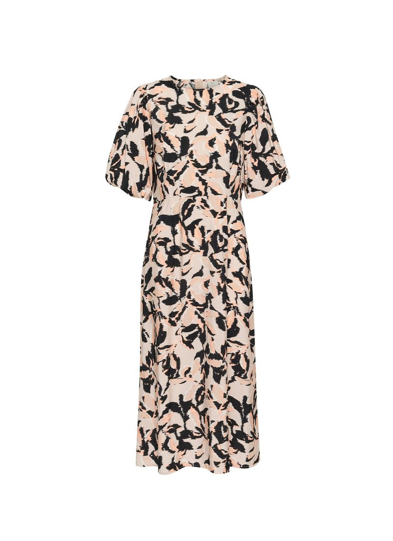 Midikleid mit kurzen Puffärmeln und rundem Ausschnitt, mit schwarzem und blasspfirsichfarbenem abstraktem Blumenmuster auf hellbeigem Hintergrund.