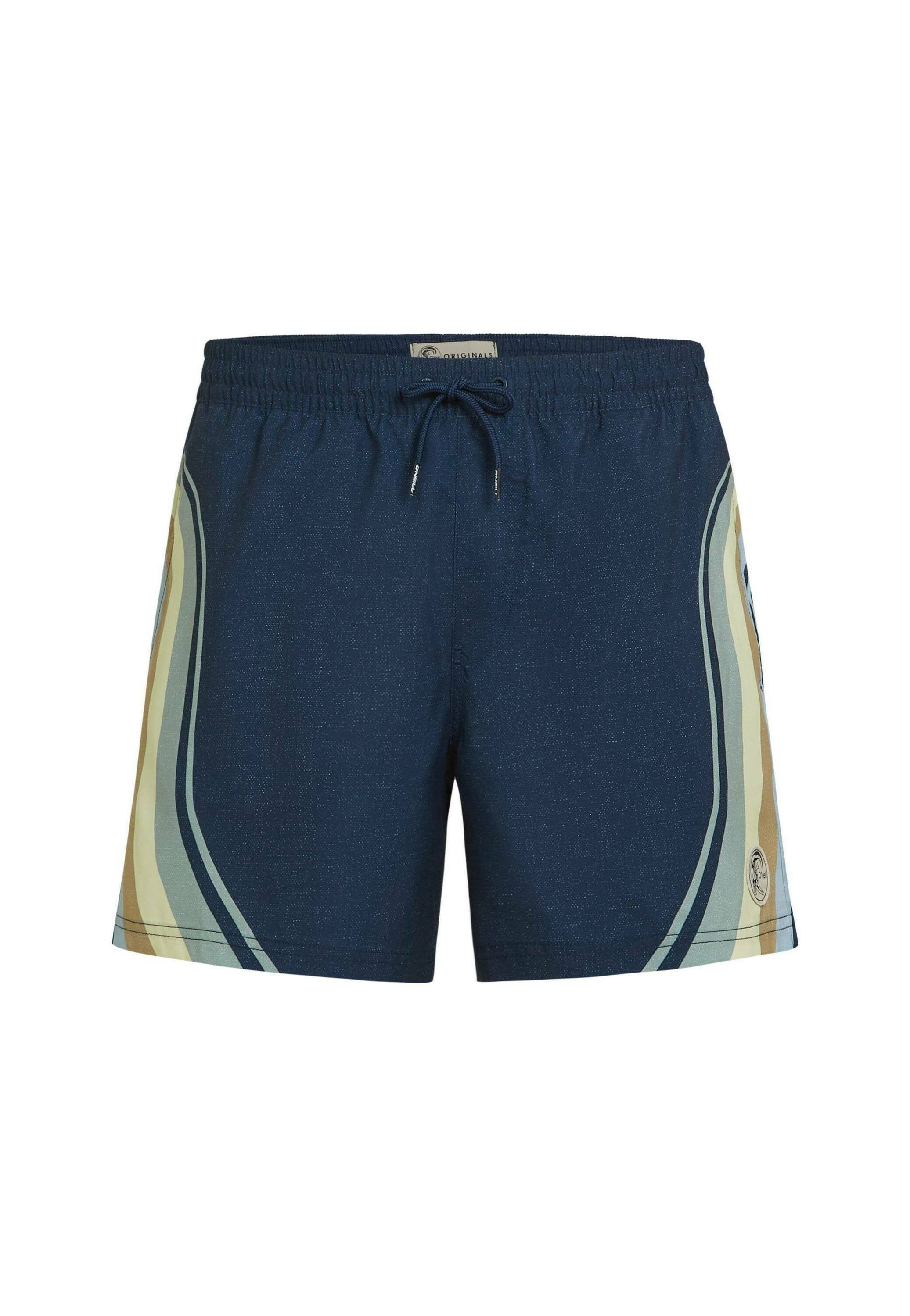 Marineblaue Badeshorts mit elastischem Bund, Kordelzug und mehrfarbigen, gebogenen Streifen in Beige und Hellblau an den Seiten. Weiche Stoffstruktur.