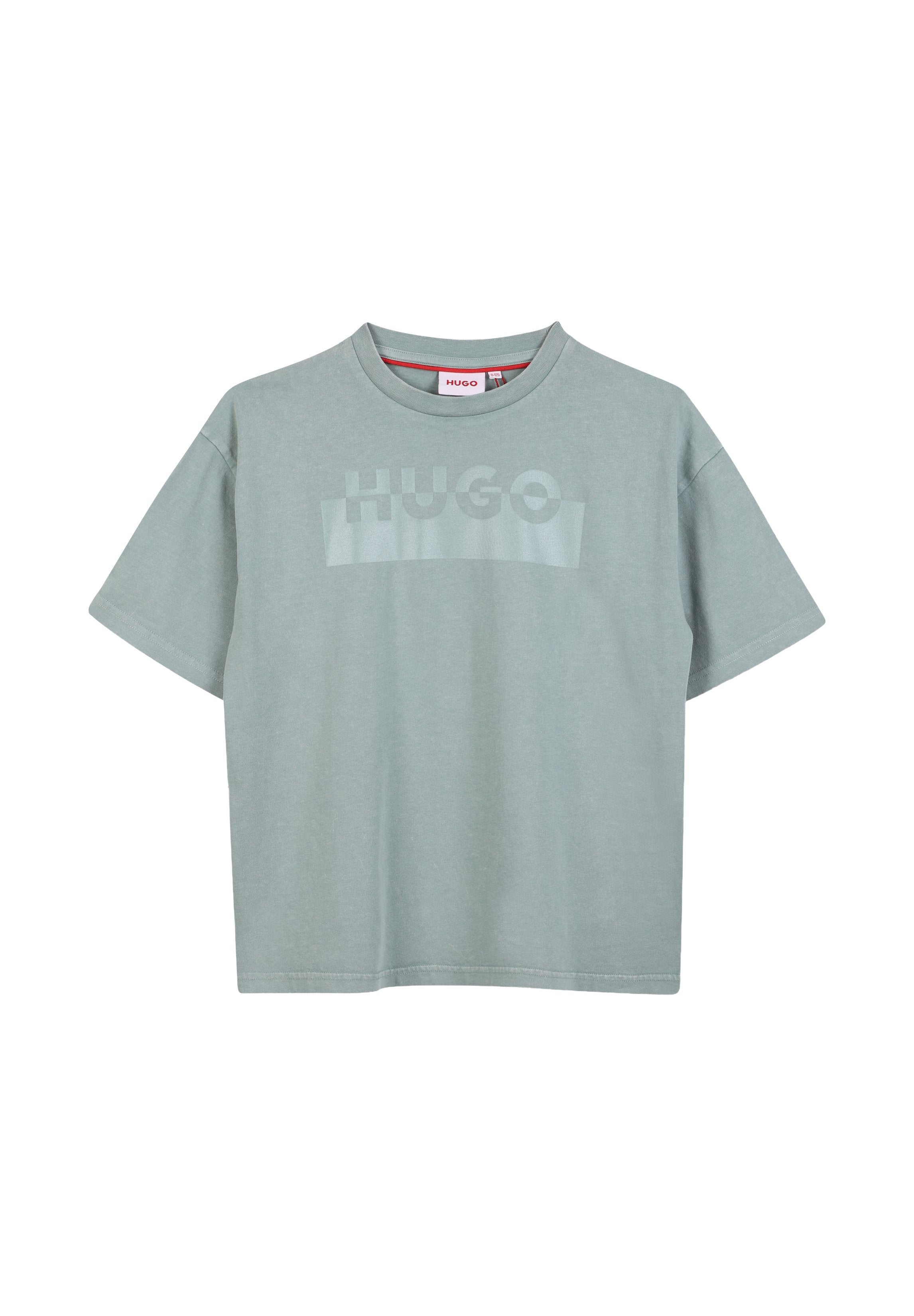 Hellegrünes Baumwoll-T-Shirt mit kurzen Ärmeln, Rundhalsausschnitt und einem tonal auf der Brust bedruckten "HUGO"-Logo. Glatte Textur, lockere Passform.