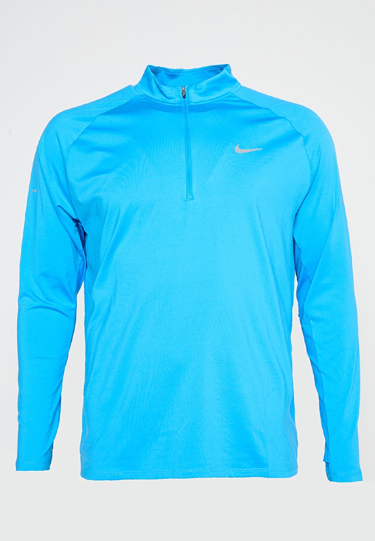 Herren-Langarm-Sportoberteil in leuchtendem Blau mit einem Viertelreißverschluss am Kragen und kleinem Nike-Logo auf der Brust.