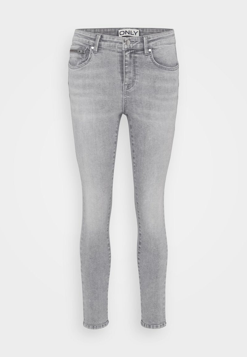 Hellgraue Skinny-Jeans aus Denim mit einem klassischen Design aus fünf Taschen, Gürtelschlaufen und einem Knopfverschluss.
