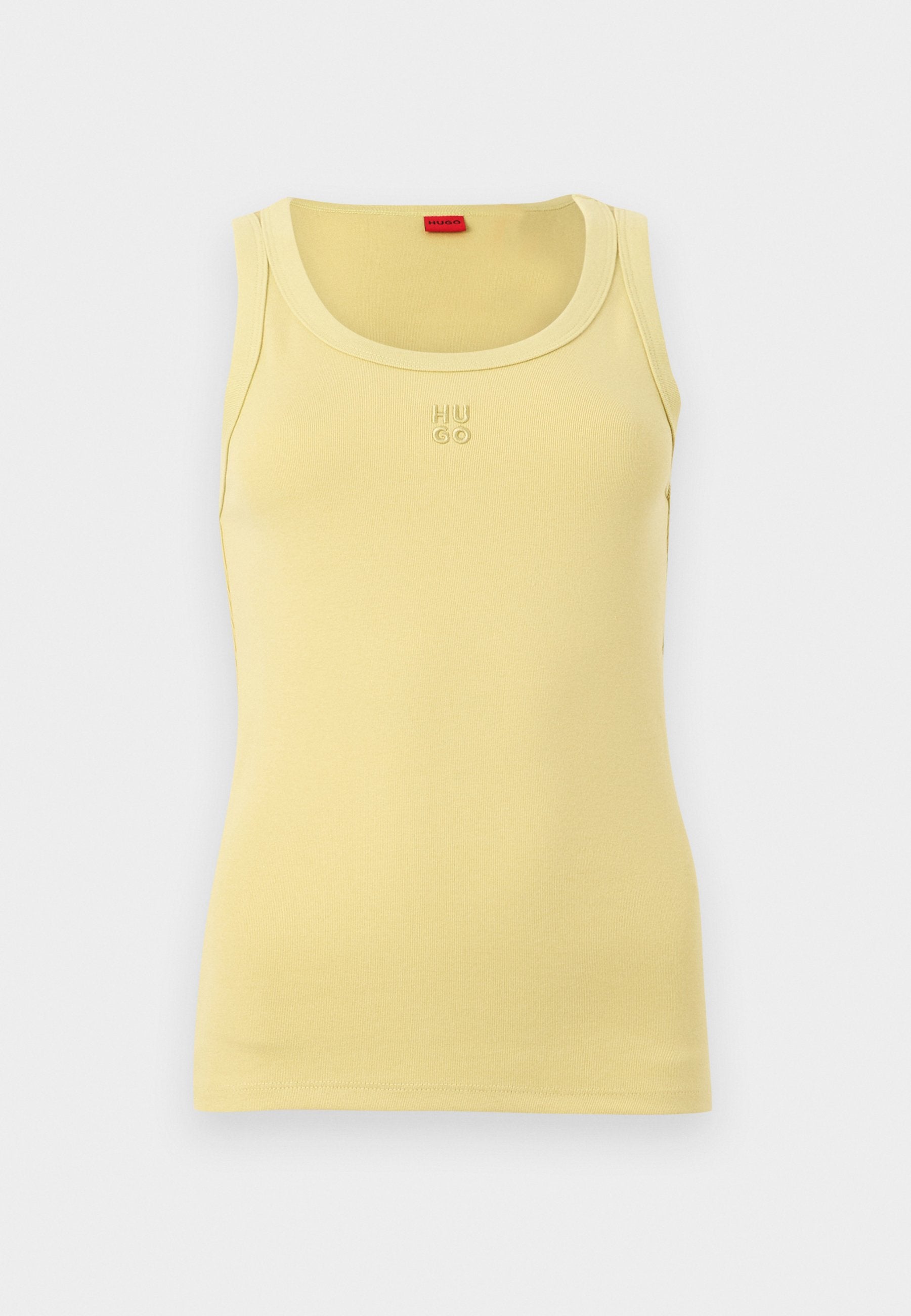 Gelbes ärmelloses, geripptes Tanktop mit Rundhalsausschnitt und kleinem, geprägt "HUGO" Logo in der Mitte der Brust.