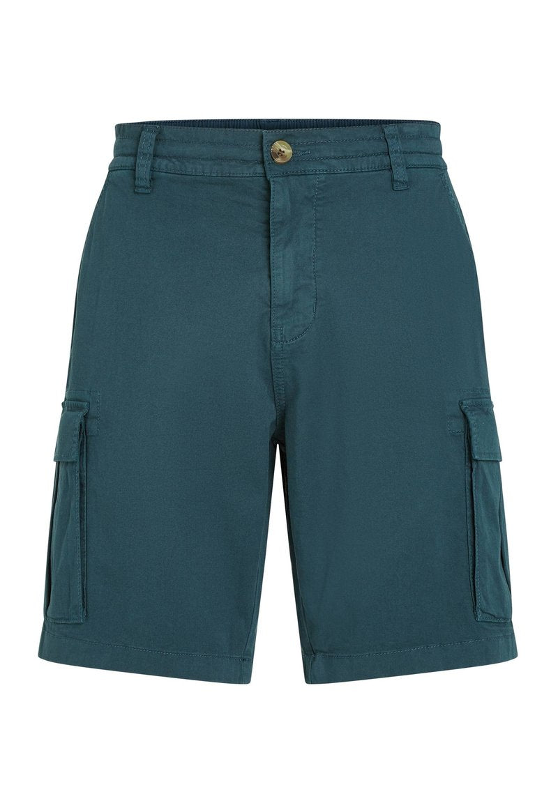 Teal Cargo-Shorts aus leichtem Material, mit Vordertaschen, seitlichen Cargo-Taschen und einem Knopfverschluss an der Taille.