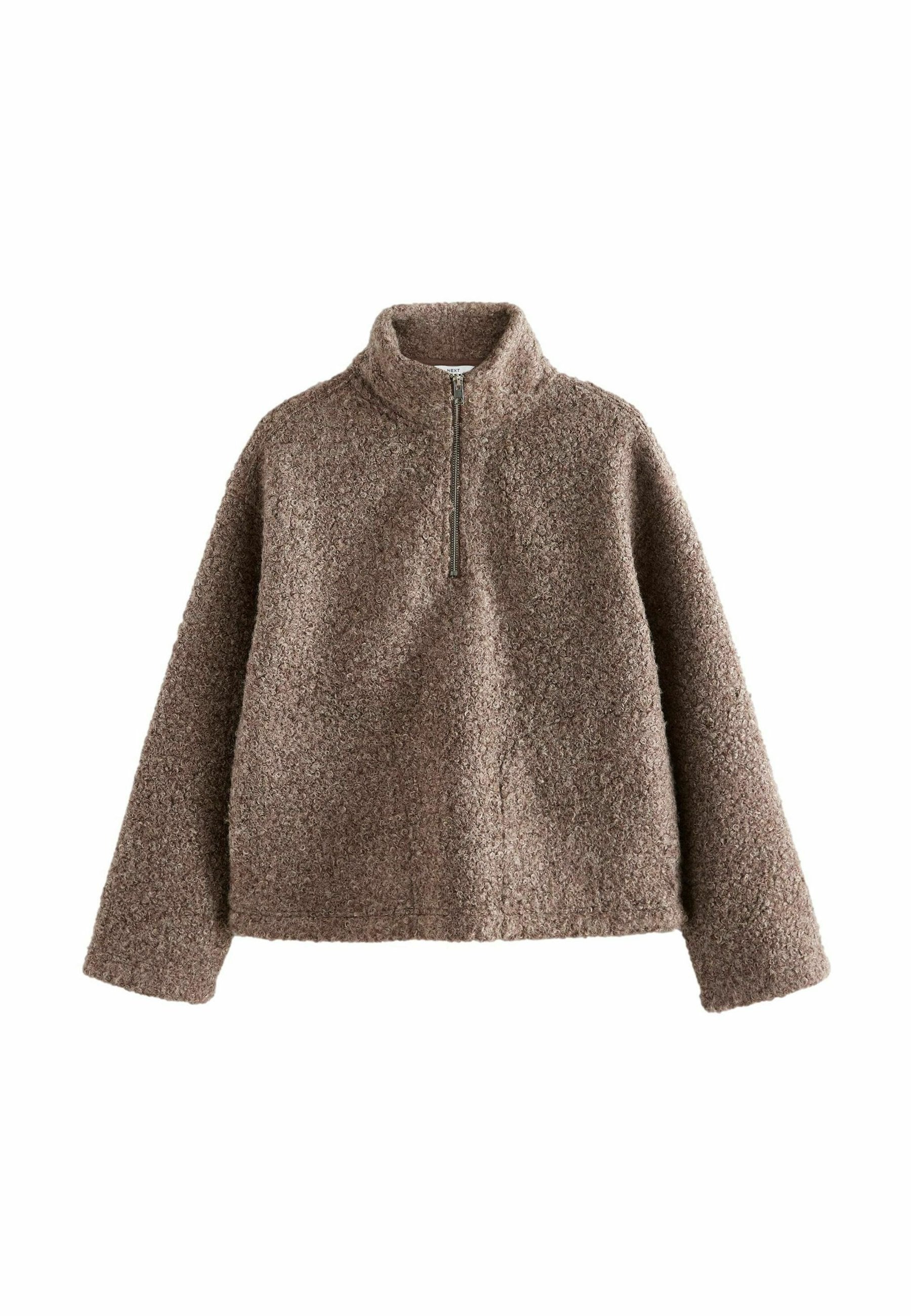Brauner Fleece-Pullover mit hohem Kragen und halbem Reißverschluss. Verfügt über eine strukturierte Oberfläche und eine lockere Passform.