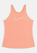 Pfirsichfarbene Nike-Tanktop aus weichem, dehnbarem Stoff; verfügt über ein weißes Nike-Logo auf der Brust; Spaghettiträger und abgerundeter Saum.