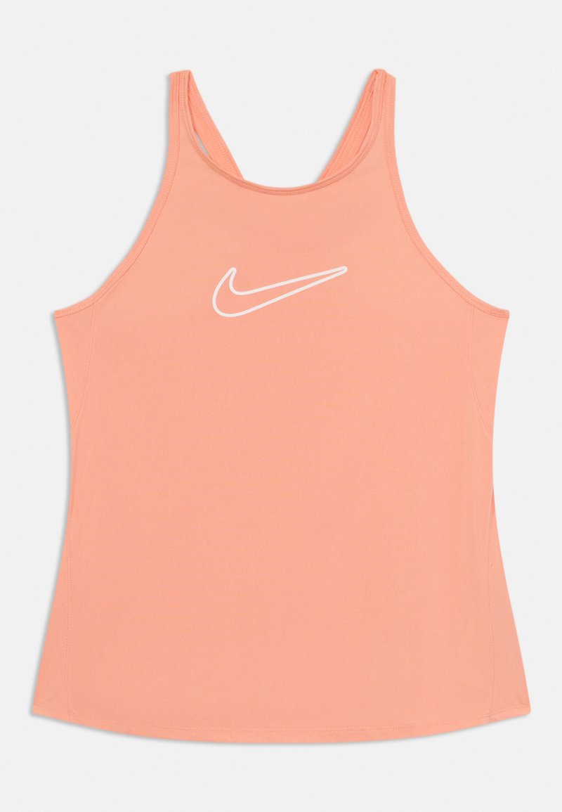 Pfirsichfarbene Nike-Tanktop aus weichem, dehnbarem Stoff; verfügt über ein weißes Nike-Logo auf der Brust; Spaghettiträger und abgerundeter Saum.