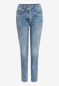 Helleblaue Denim-Jeans mit einer figurschmeichelnden Passform, Fünf-Taschen-Stil und dezenten Ausbleichungen; mit kontrastierenden Seiteneinsätzen und einem Knopfverschluss.
