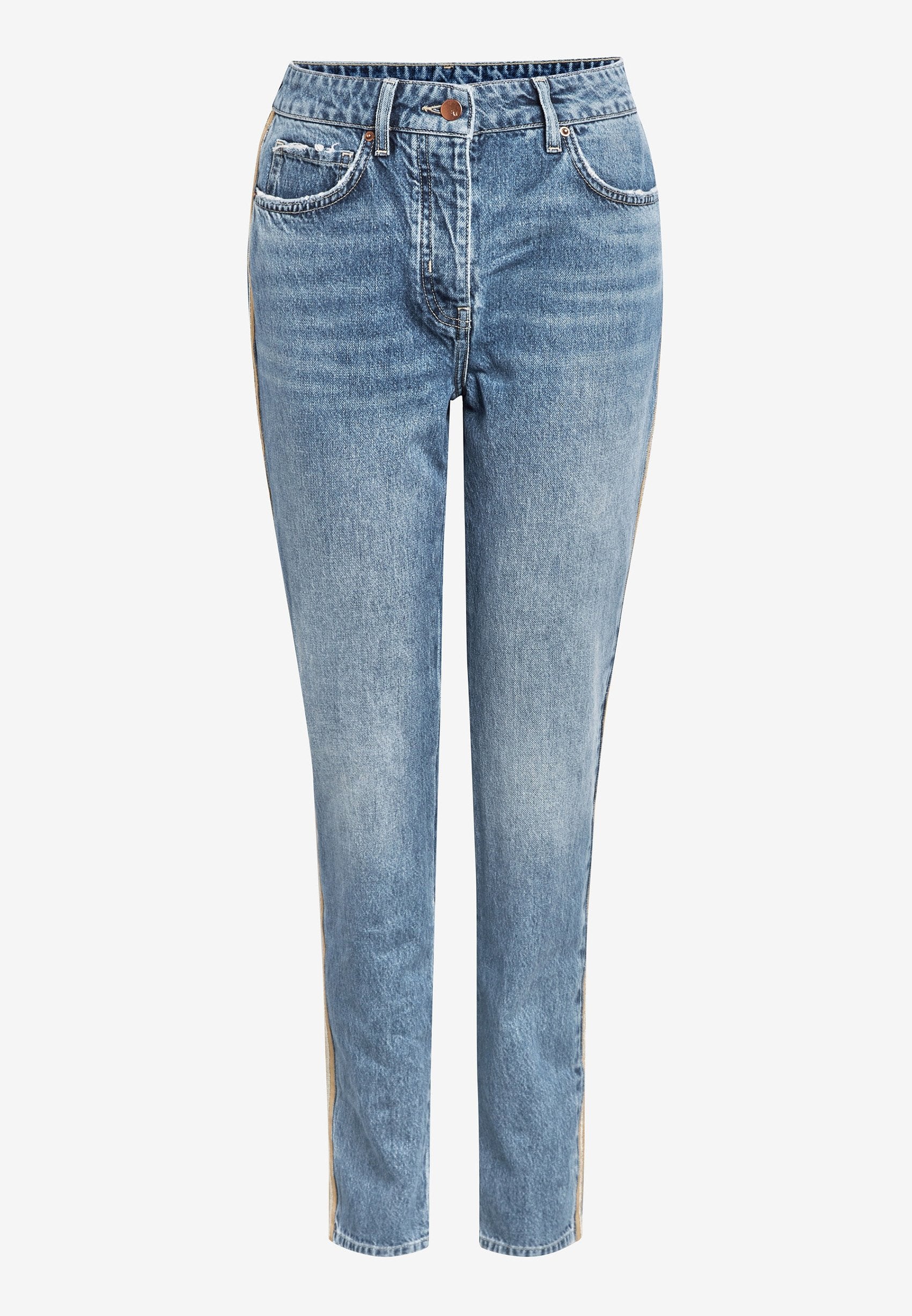 Helleblaue Denim-Jeans mit einer figurschmeichelnden Passform, Fünf-Taschen-Stil und dezenten Ausbleichungen; mit kontrastierenden Seiteneinsätzen und einem Knopfverschluss.