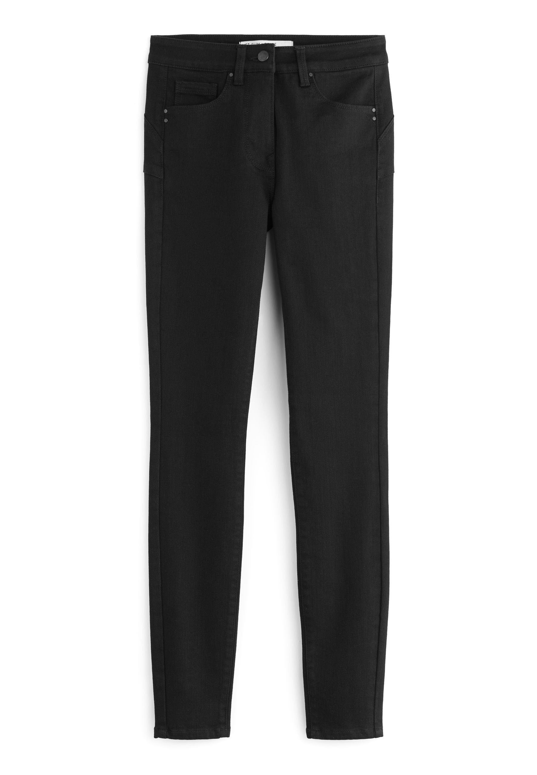 Schwarze Slim-Fit-Jeans mit Vorder- und Gesäßtaschen, Gürtelschlaufen und einem Knopfverschluss an der Taille.