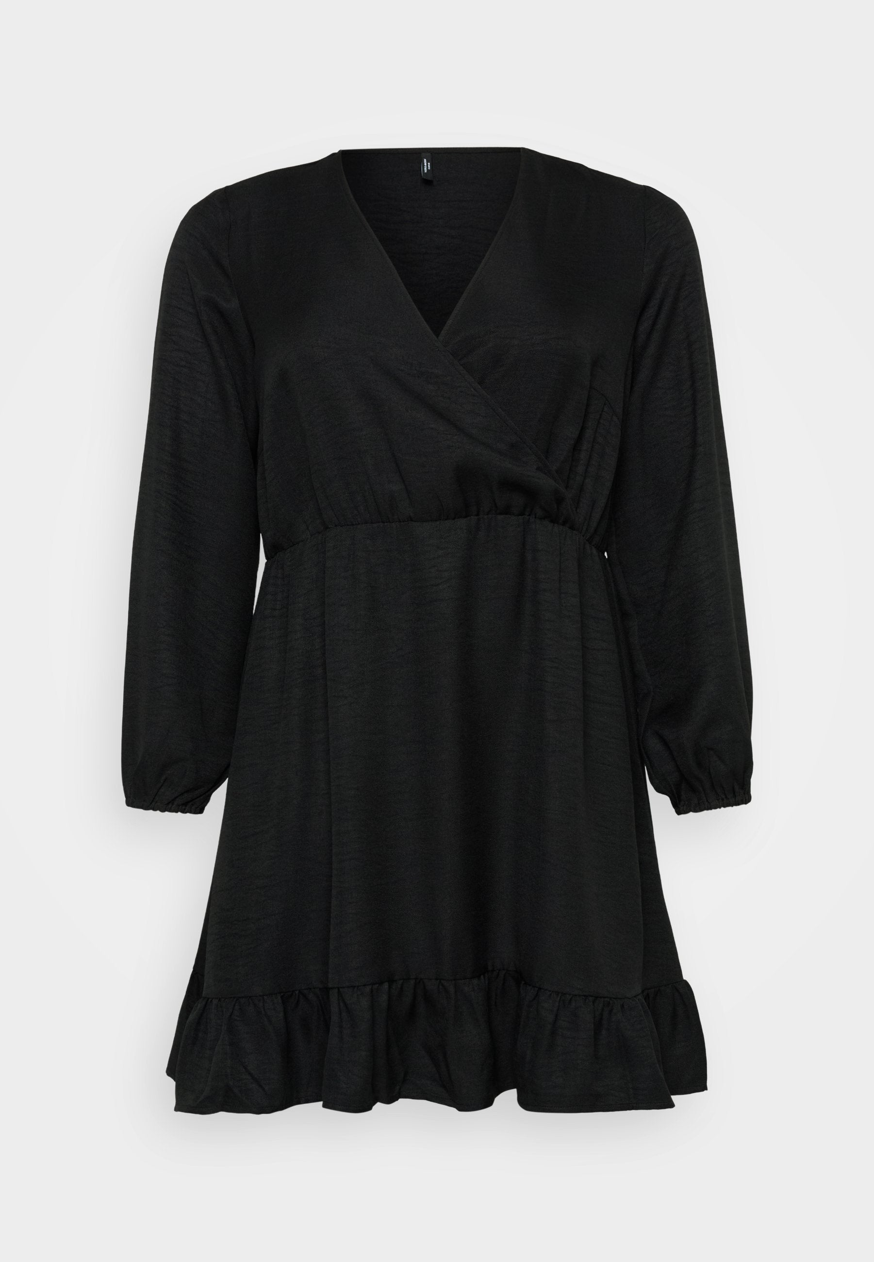 Schwarzes Wickelkleid mit V-Ausschnitt, langen Ärmeln und gerafftem Bund. Verfügt über einen ausgestellten Saum mit Rüschendetail. Glatte Stoffoberfläche.
