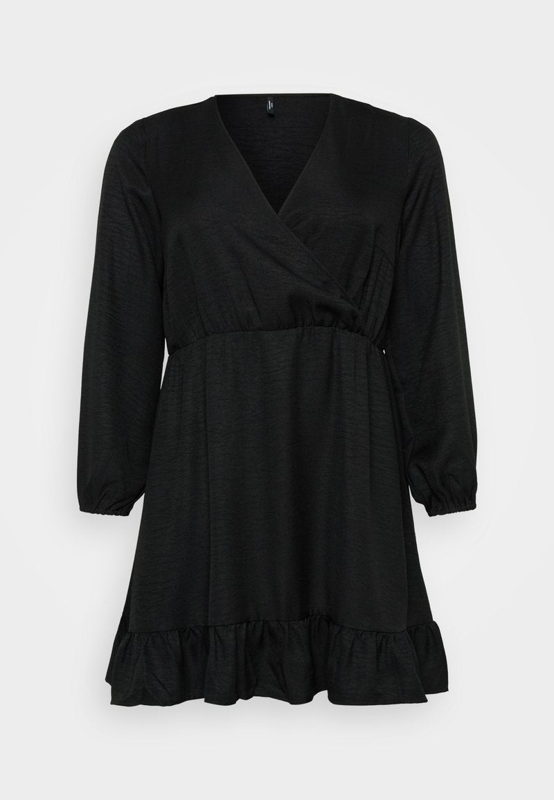 Schwarzes Wickelkleid mit V-Ausschnitt, langen Ärmeln und gerafftem Bund. Verfügt über einen ausgestellten Saum mit Rüschendetail. Glatte Stoffoberfläche.