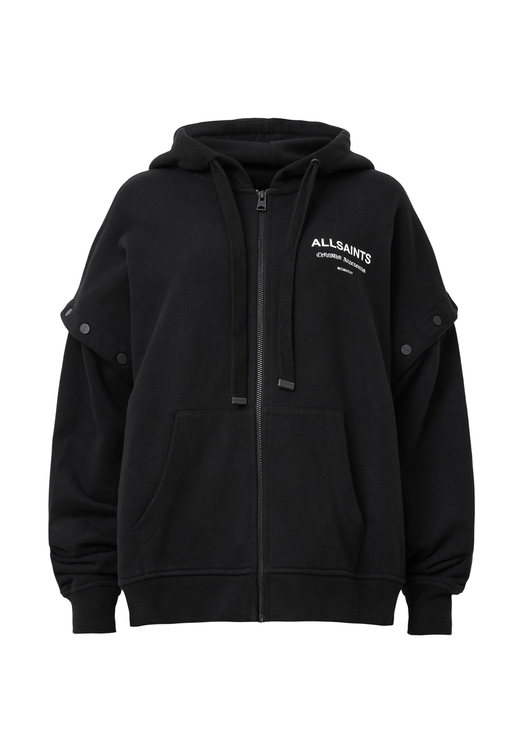 Schwarze Reißverschluss-Hoodie mit geräumigem Design, ausgestattet mit Druckknopf-Details an den Ärmeln und Fronttaschen; weicher Stoff und minimale Markenkennzeichnung.
