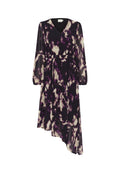Lila-weißes Kleid mit abstraktem Muster, langen Ärmeln, V-Ausschnitt, tailliertem Schnitt und asymmetrischem Saum, aus leichtem Stoff gefertigt.
