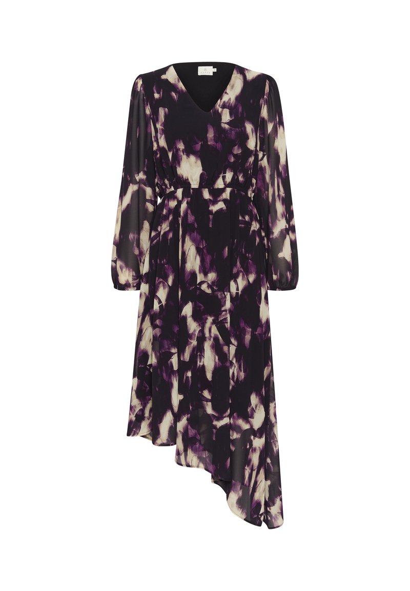 Lila-weißes Kleid mit abstraktem Muster, langen Ärmeln, V-Ausschnitt, tailliertem Schnitt und asymmetrischem Saum, aus leichtem Stoff gefertigt.