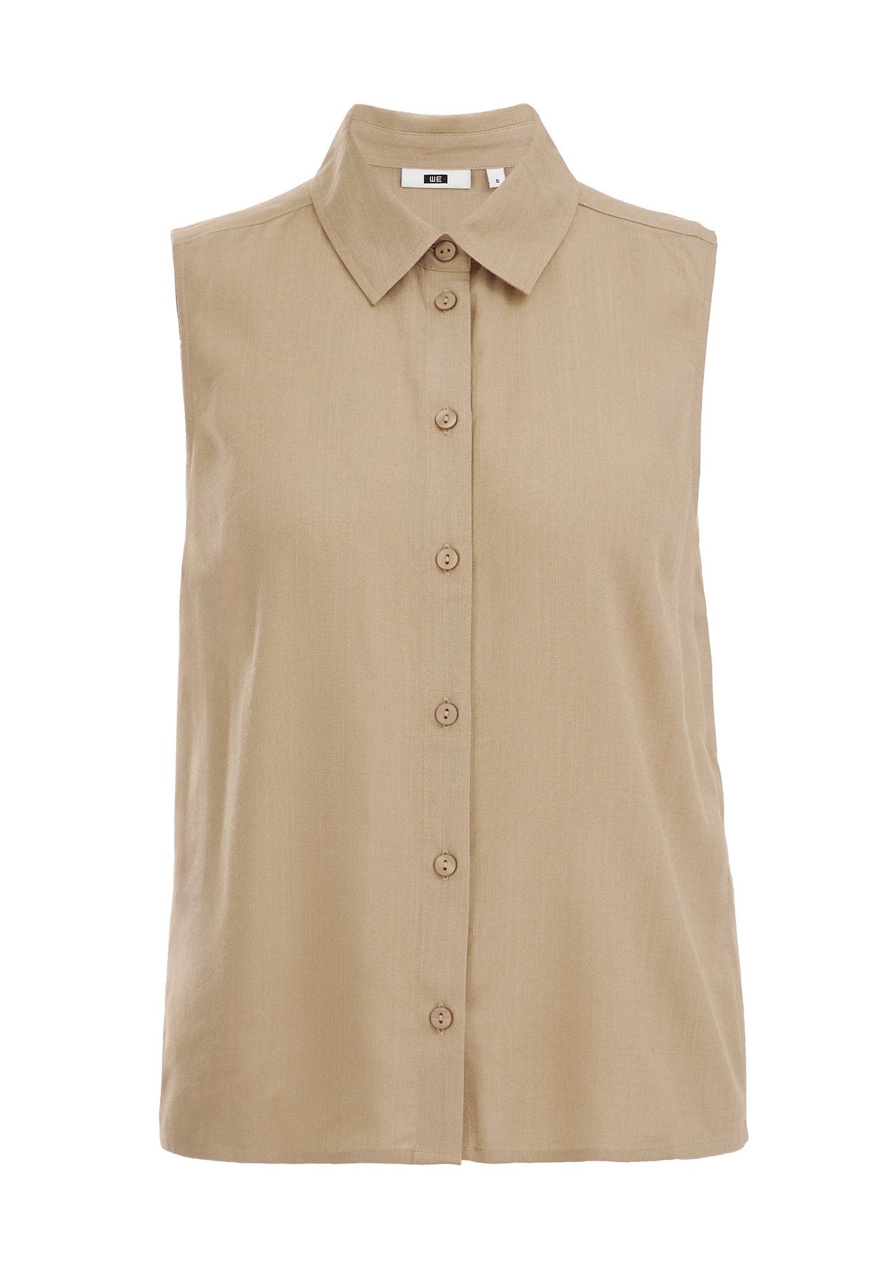 Beige ärmellose Bluse mit durchgehender Knopfleiste, spitzem Kragen und glatter Textur, mit fünf passenden Knöpfen in der Mitte.