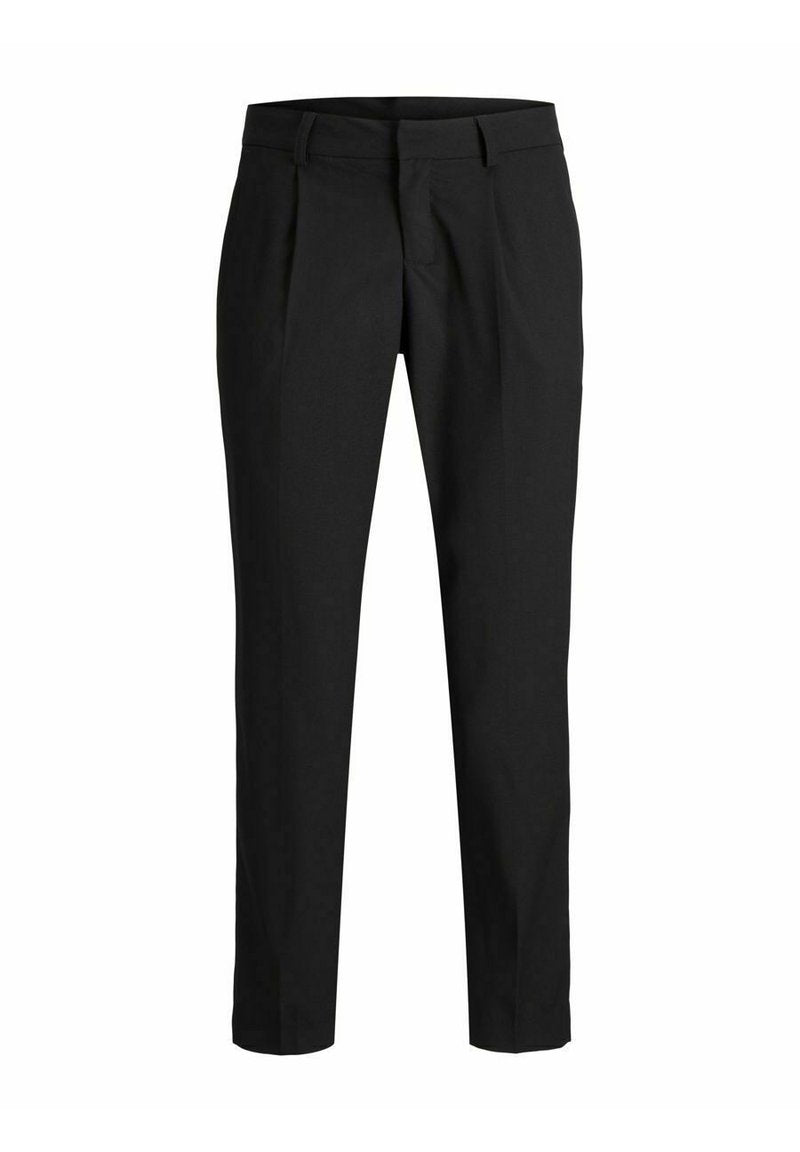 Schwarze maßgeschneiderte Hosen mit glatter Textur, geradem Bein Design und vorderen Falten. Mit einem normalen Bund und ohne sichtbare Taschen.