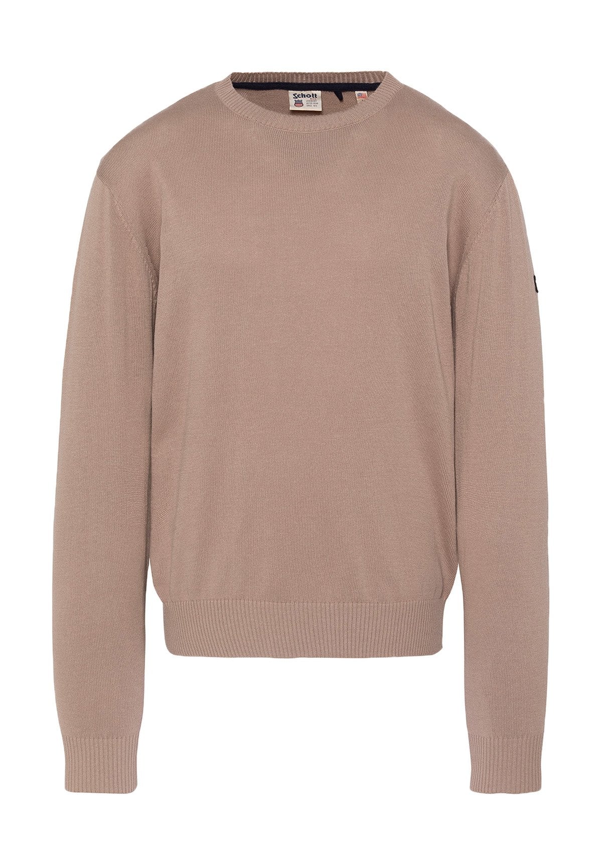 Beiger langärmliger Pullover mit Rundhalsausschnitt, gerippten Bündchen und Saum, aus Strickstoff gefertigt, mit einem kleinen Markenlabel am oberen Ärmel.