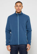 Blauer Fleecejacke mit hohem Kragen, durchgehendem Reißverschluss und kontrastierenden hellblauen Akzenten. Verfügt über seitliche Reißverschlusstaschen und ein tailliertes Design.