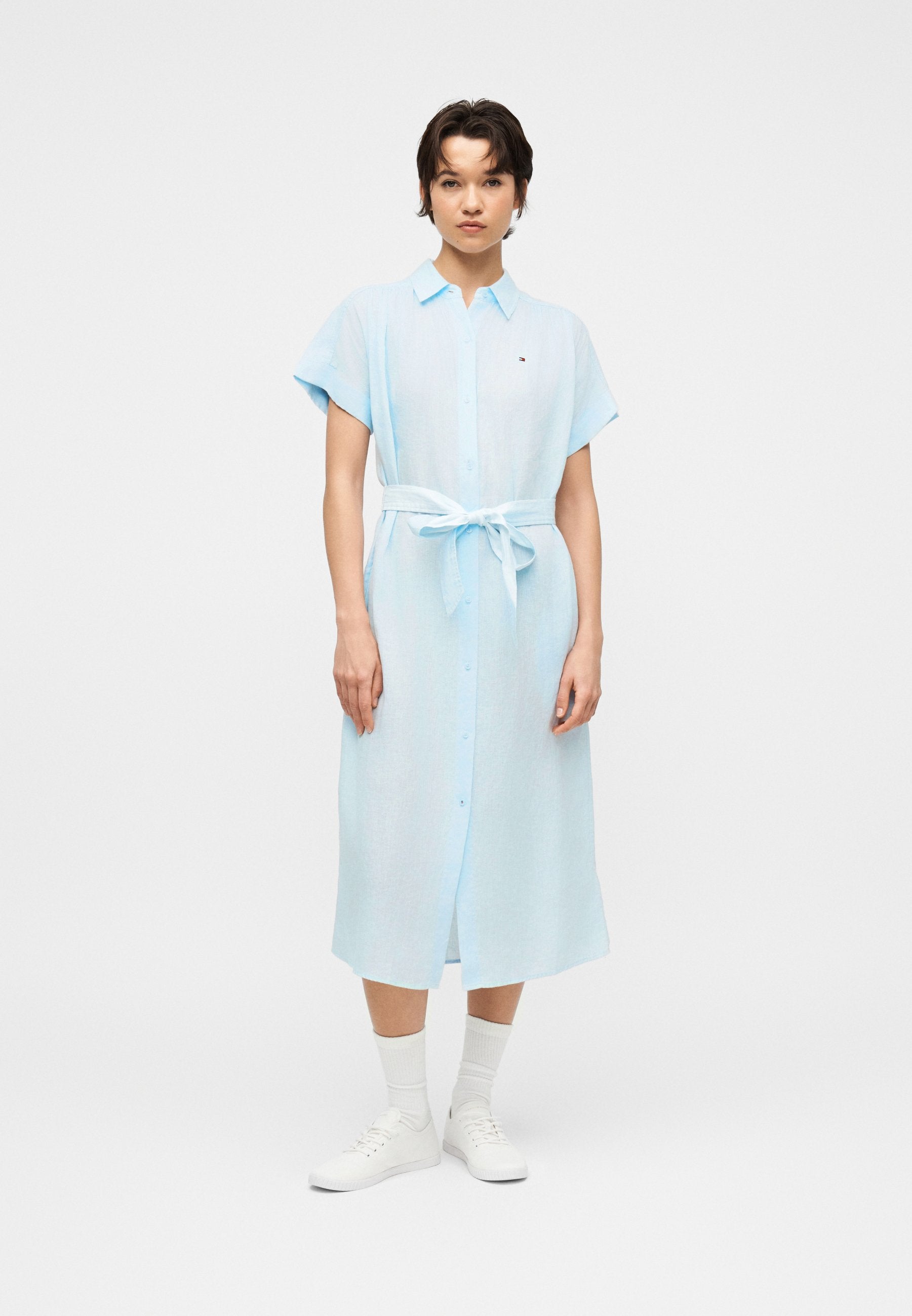 BELTED RELAXED PURE LINEN MIDI SHIRT DRESS Media 3