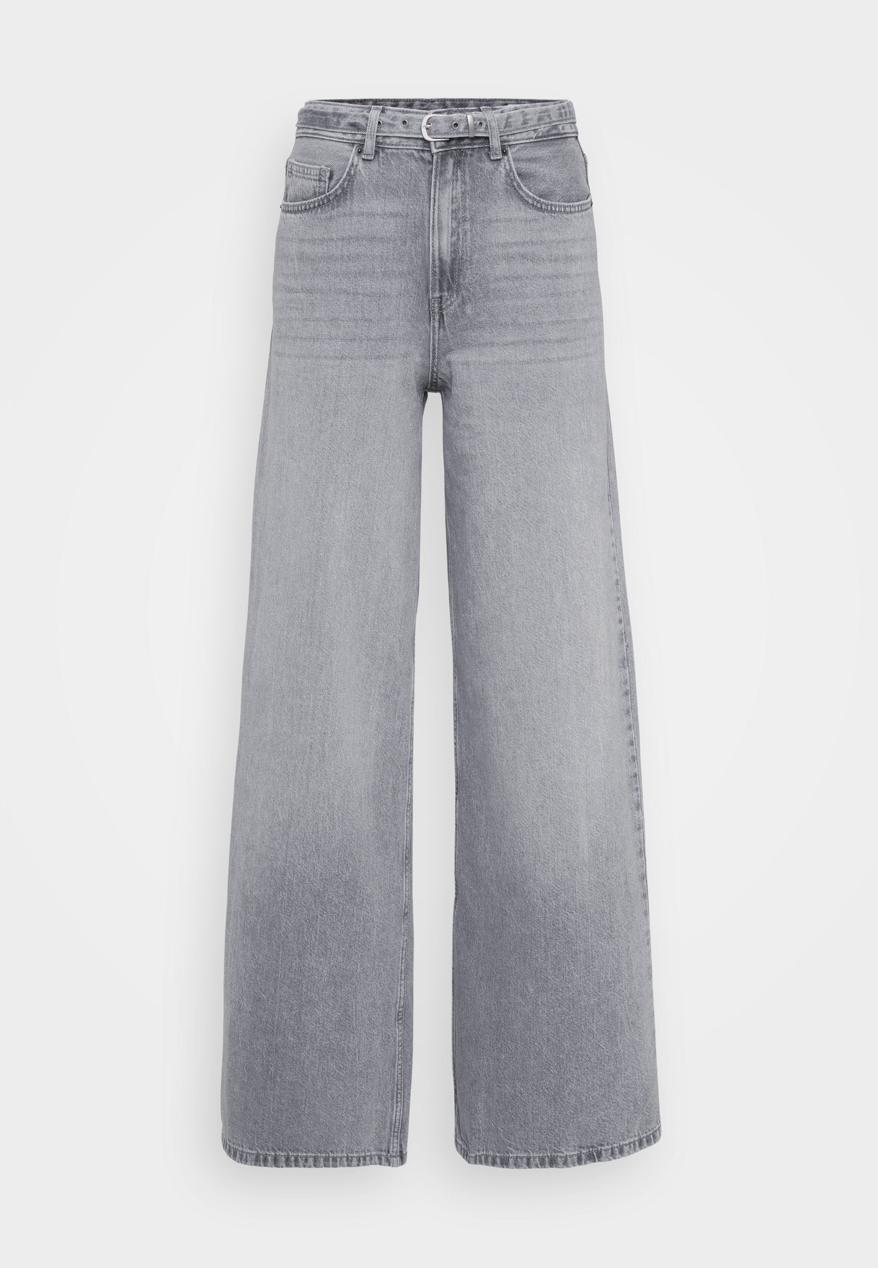 Helle graue Denim-Hosen mit weitem Bein, hoher Taille, Gürtelschlaufen, Fronttaschen und einem rohen Saum mit dezentem vertikalem Muster.