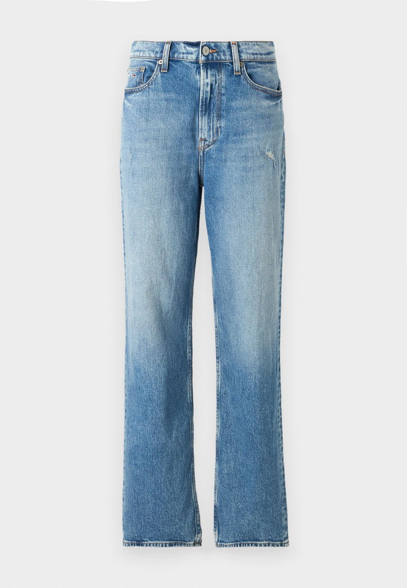 Hellblaue Jeans aus Denim mit geradem Schnitt. Merkmale sind eine ausgewaschene Optik, fünf Taschen und Gürtelschlaufen am Bund.