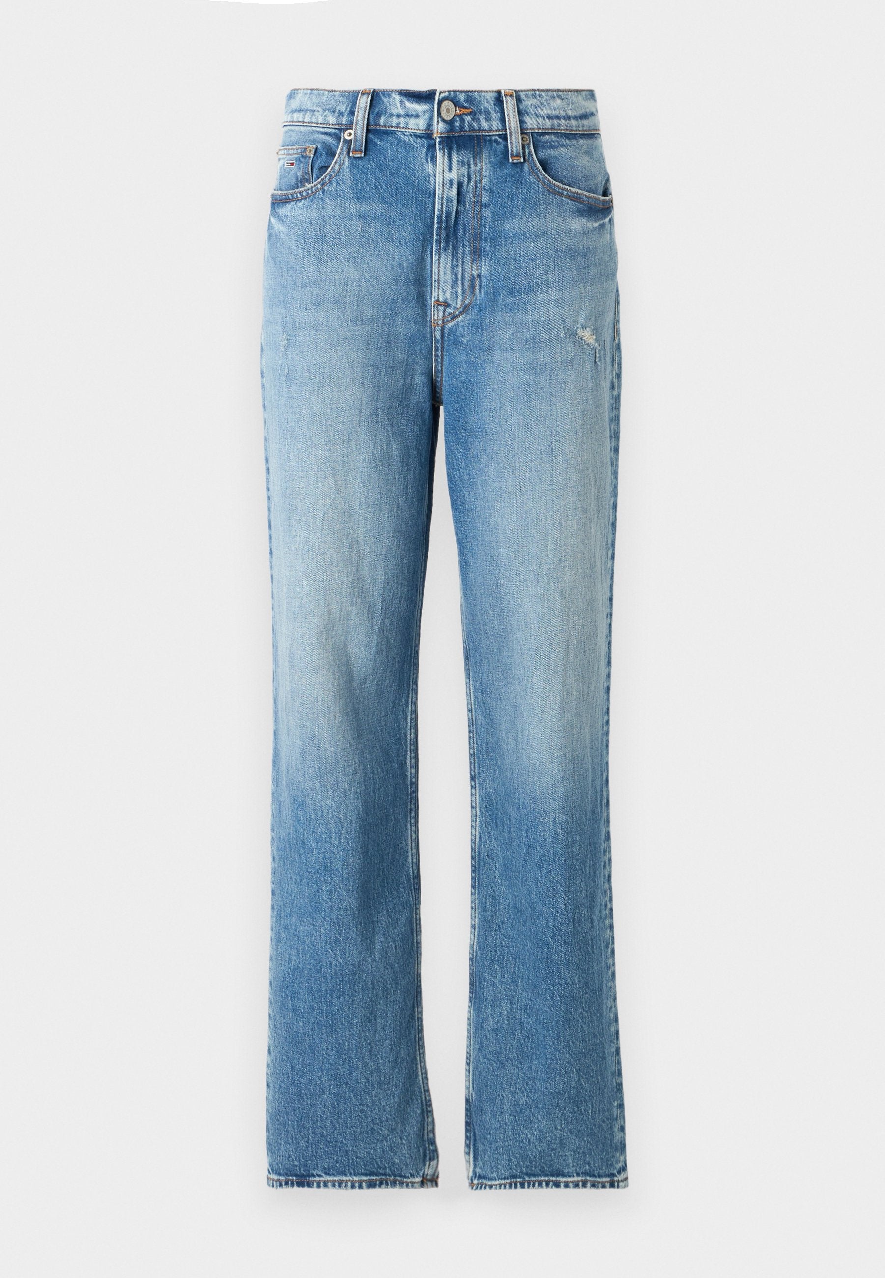 Hellblaue Jeans aus Denim mit geradem Schnitt. Merkmale sind eine ausgewaschene Optik, fünf Taschen und Gürtelschlaufen am Bund.