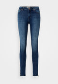 Schlanke Jeans aus dunkelblauem Denim mit einem ausgewaschenen Finish, Reißverschluss-Details an den Knöcheln, klassisches Fünf-Taschen-Design und Knopfverschluss.