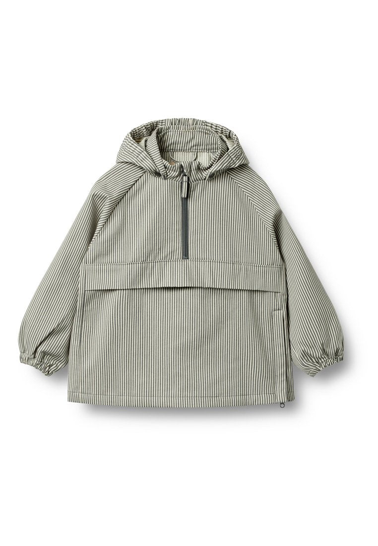 Gestreifte Pullover-Jacke in hellgrauen und grünen Farbtönen, mit Kapuze, halbem Reißverschluss, elastischen Bündchen und einer Fronttasche. Glatter, leichter Stoff.