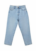 Helle blaue Jeans im geraden Schnitt, mit hoher Taille und Fünf-Taschen-Design. Verfügt über einen Knopfverschluss und eine ausgewaschene Textur.