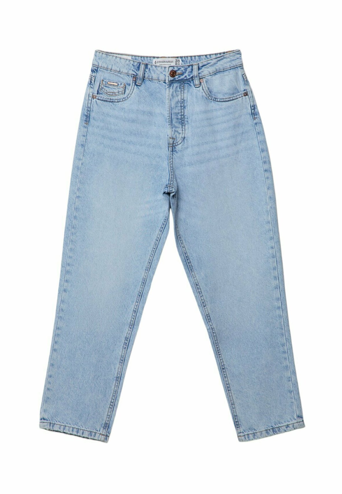 Helle blaue Jeans im geraden Schnitt, mit hoher Taille und Fünf-Taschen-Design. Verfügt über einen Knopfverschluss und eine ausgewaschene Textur.