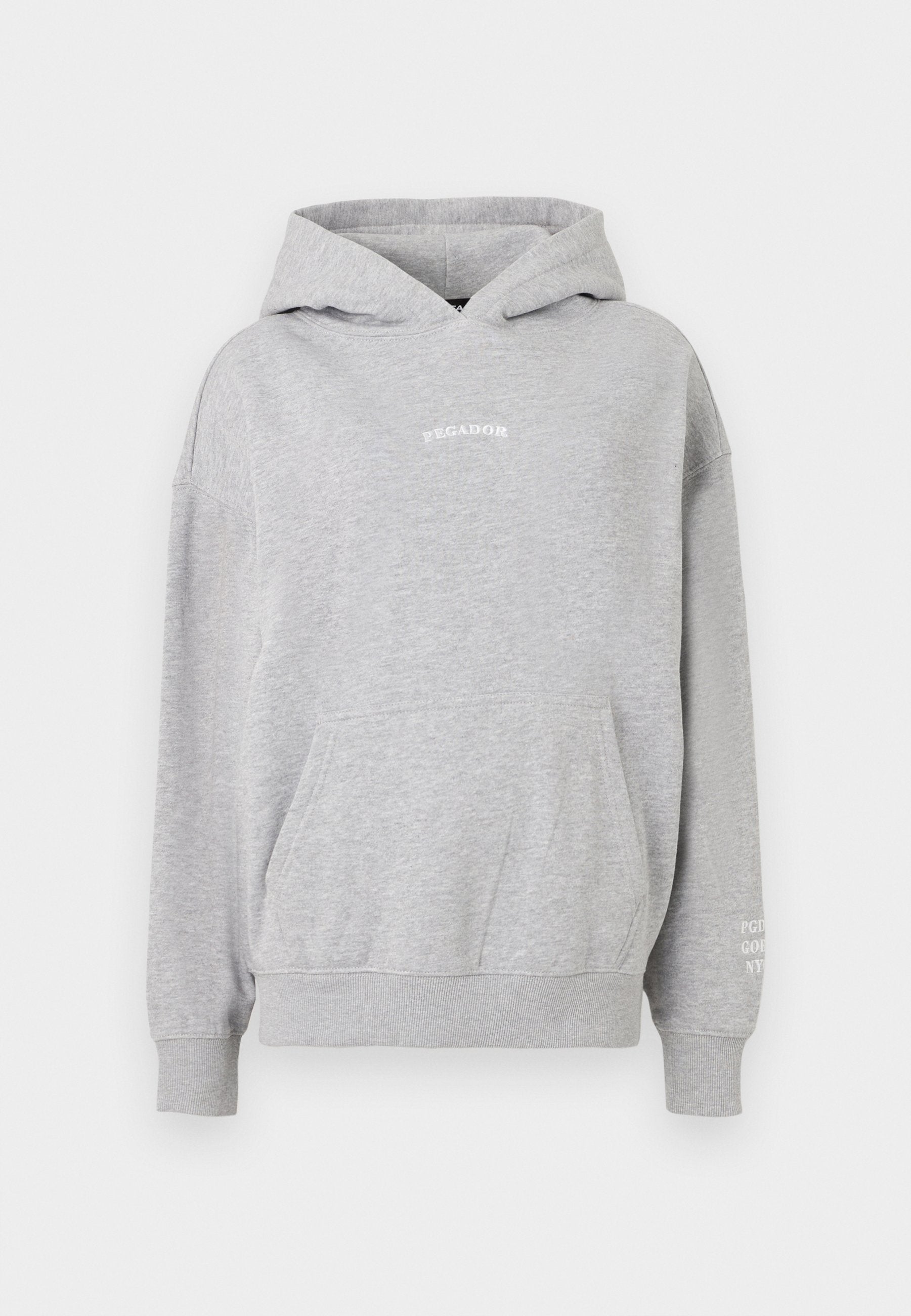 Grauer Baumwoll-Hoodie mit Kängurutasche, gerippten Bündchen und dem Schriftzug "PEGADOR" auf der Brust sowie zusätzlichem Text auf dem Ärmel.