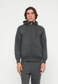 Dunkelgrauer Hoodie mit Reißverschluss und Kordelzugkapuze, gerippten Bündchen und Saum. Weicher Stoff mit feiner Struktur; verfügt über Taschen vorne und ein Logo.
