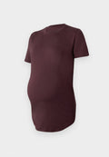Schwangeren-T-Shirt mit kurzen Ärmeln in Dunkelburgunder, aus weichem Material, verfügt über einen runden Ausschnitt und eine lockere Passform für erhöhten Komfort.