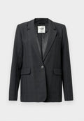 Dunkelgrauer karierter Blazer mit Reverskragen, einfacher Knopfverschluss und Fronttaschen. Glattes Gewebe mit einer subtilen Textur. Gefüttertes Innere.