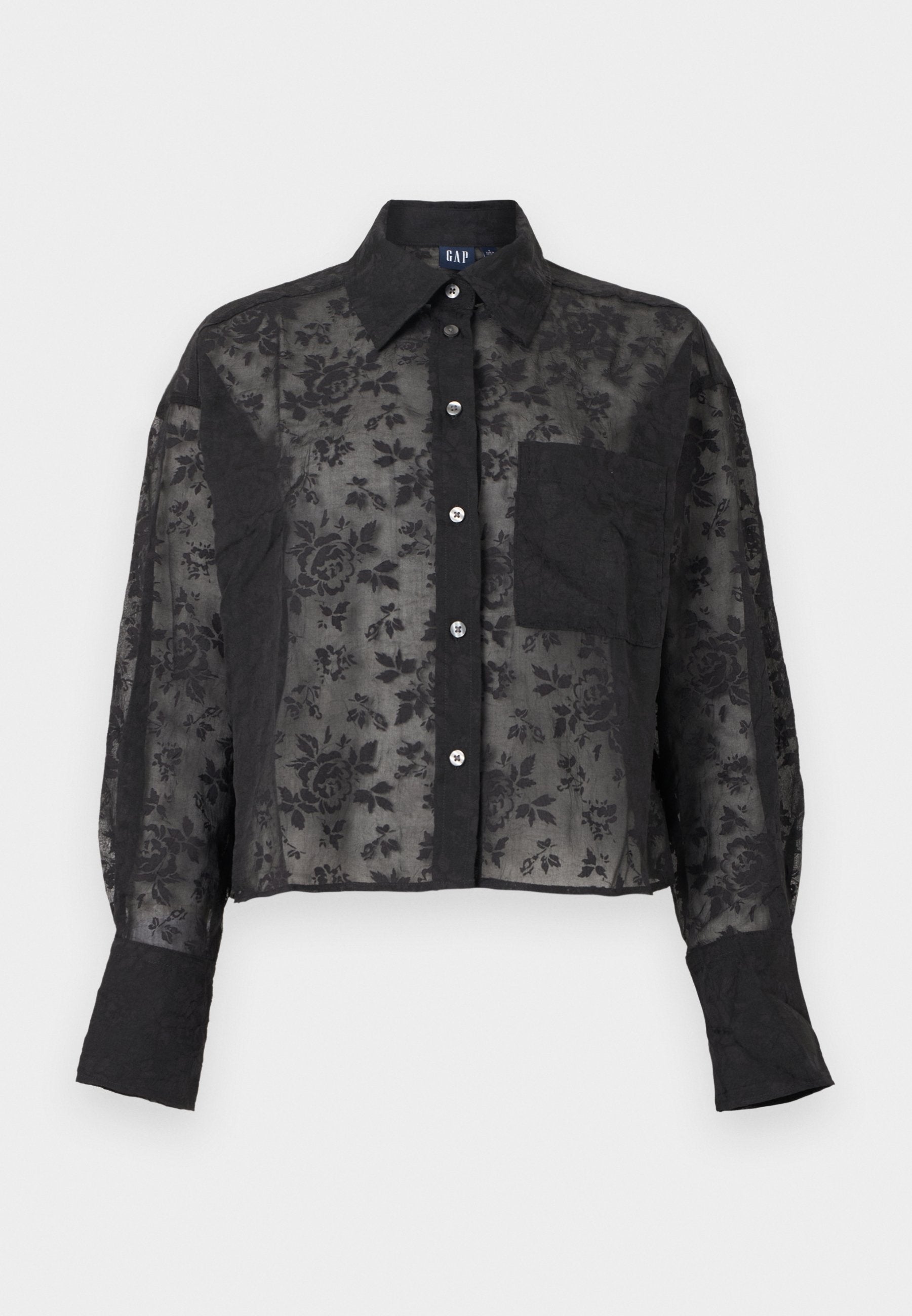 Schwarze, durchsichtige Bluse mit floralem Muster, langen Ärmeln, Knopfleiste, Kragen, Brusttasche und weit geschnittenen Manschetten.