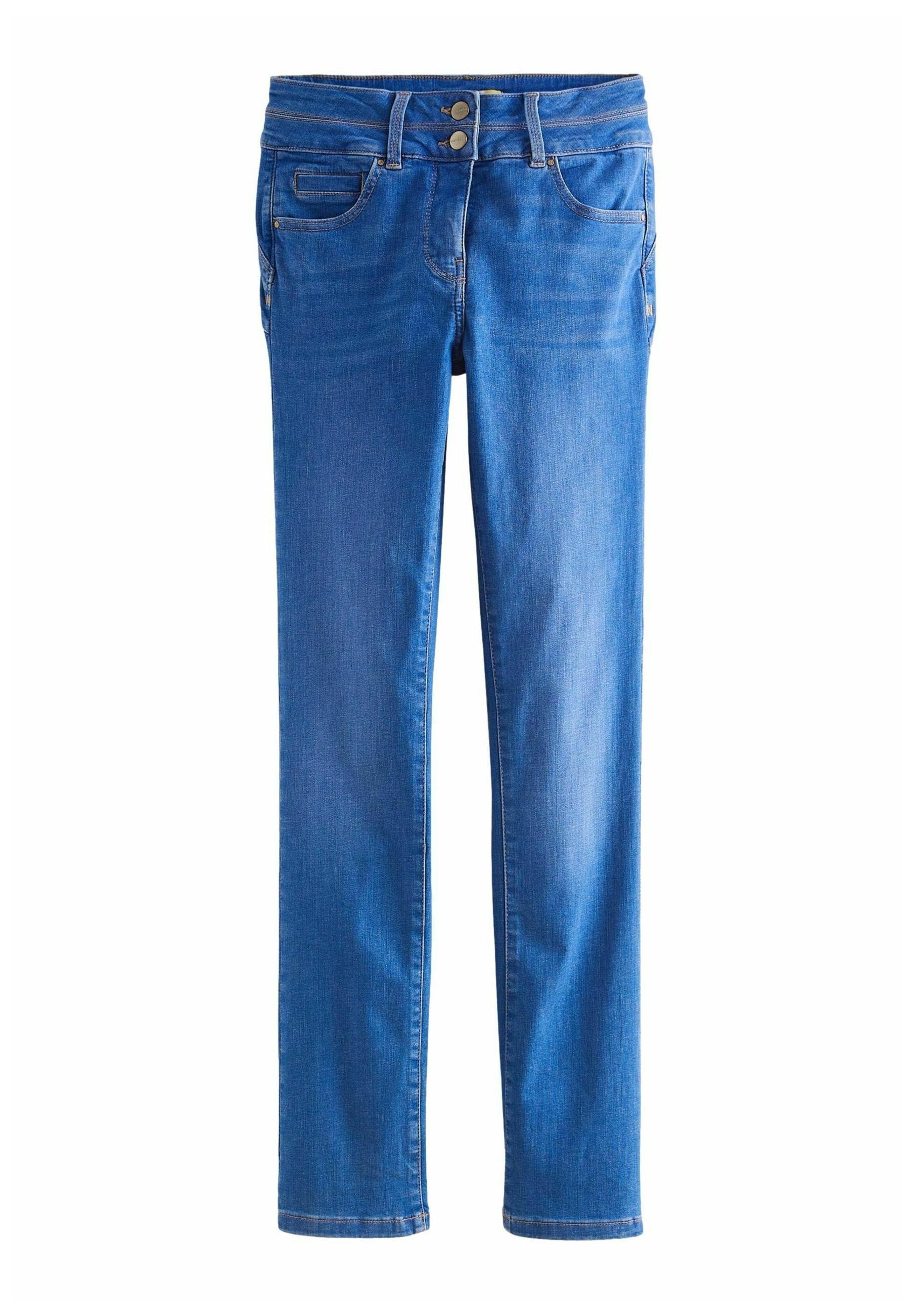 Blaue Jeans aus Denim mit geradem Bein, ausgestattet mit einem Reißverschluss und doppelt knöpfbarem Verschluss, fünf Taschen und minimalen Nähten.