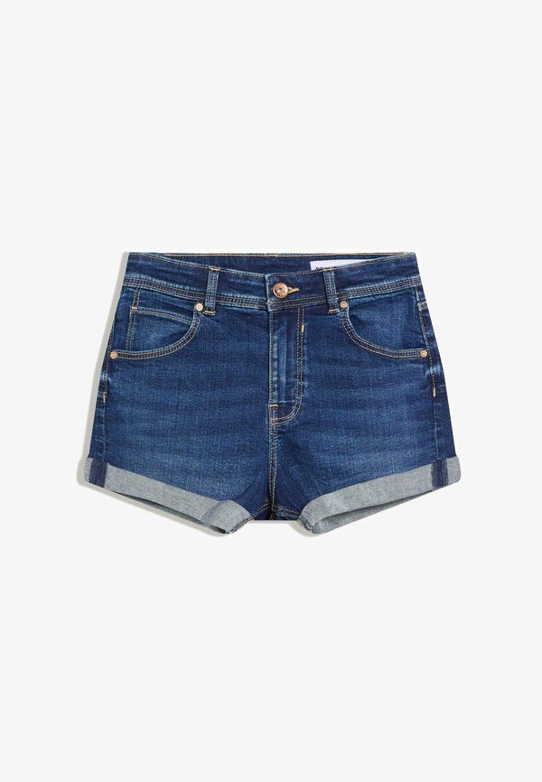 Bershka ROLL-UP - Denim shorts - dark blue