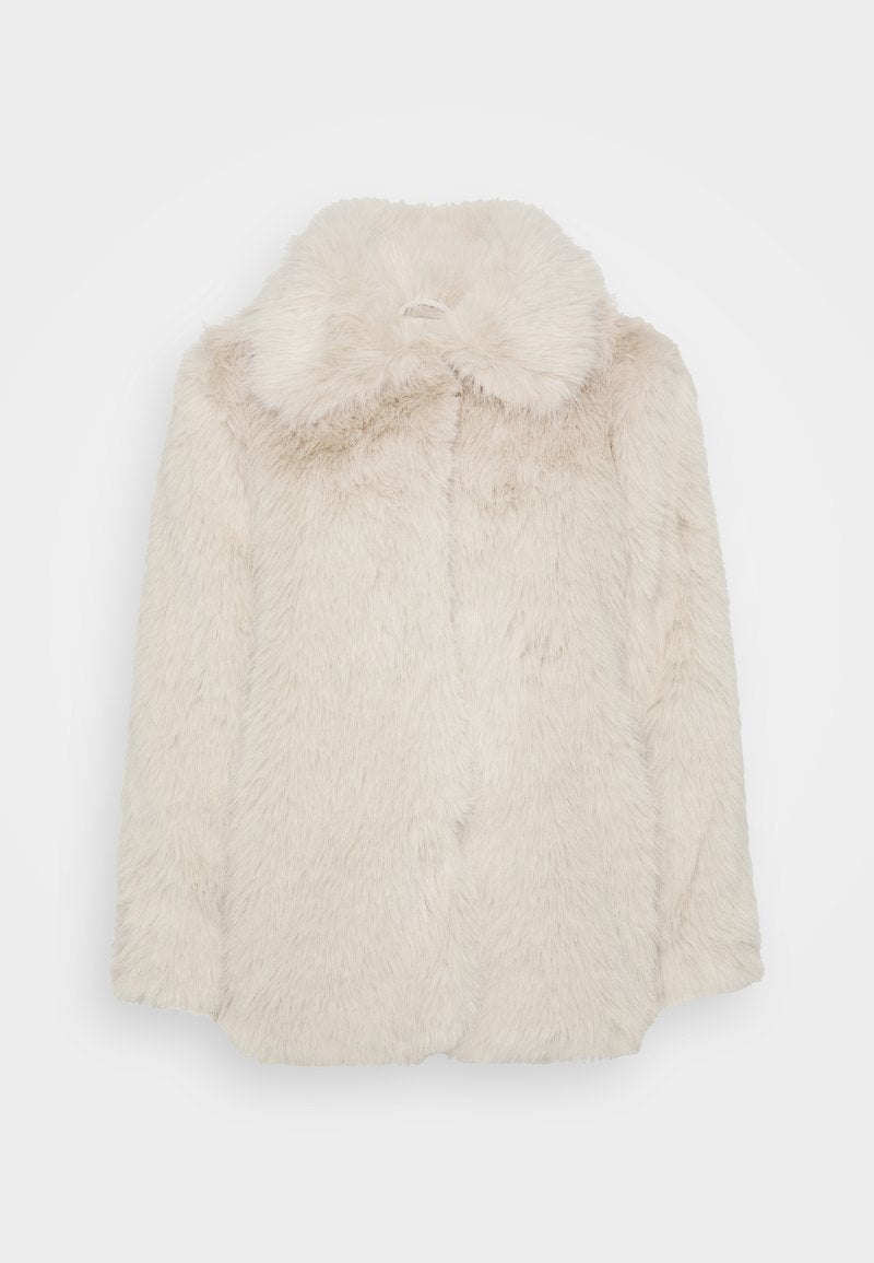 Faux-Fur-Mantel in Off-White mit einer weichen, flauschigen Textur und einem breiten Kragen. Verfügt über einen geraden Schnitt und eine verdeckte Frontverschluss.