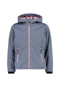 Graue Softshelljacke mit pinkem Innenfutter, Front-Reißverschluss, zwei seitlichen Taschen und Kapuze. Mit elastischen Bündchen und kontrastierenden Reißverschlüssen.